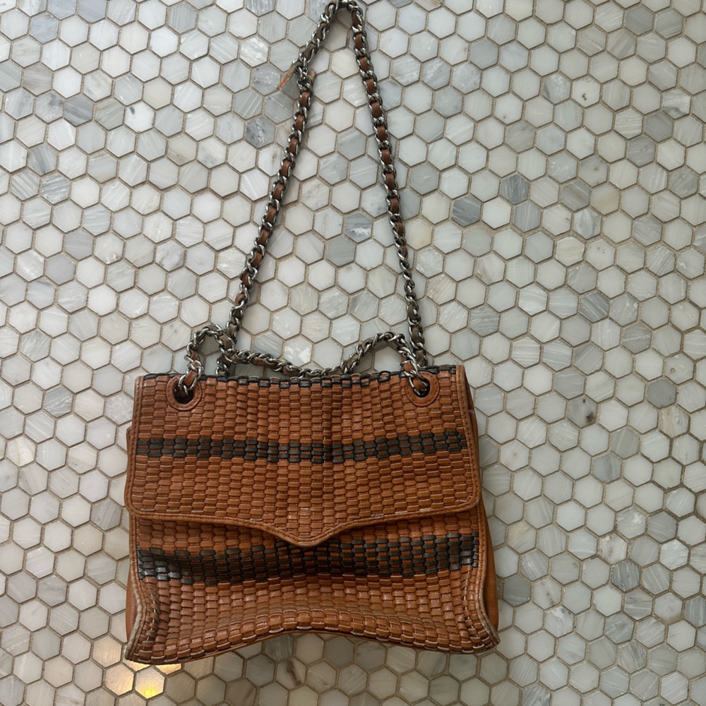 Rebecca Minkoff tan and black woven leather bag with silver chain strap